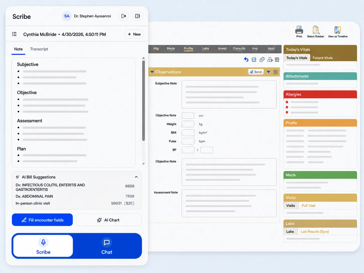 Medulla open inside an EMR encounter, showing the AI scribe drawer alongside the patient chart.